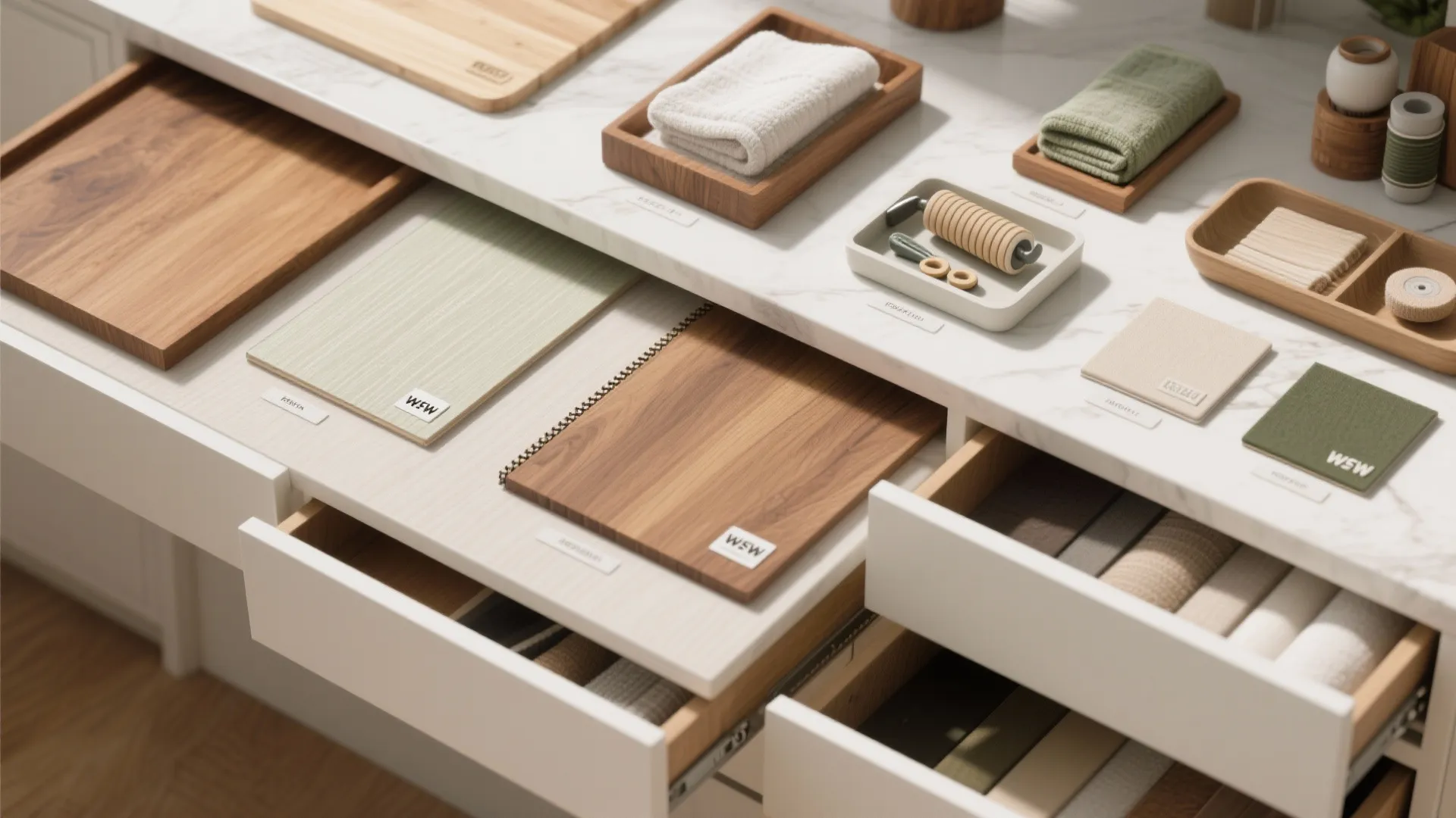 Open white drawers showing wood samples small towels and organized home accessories on a counter