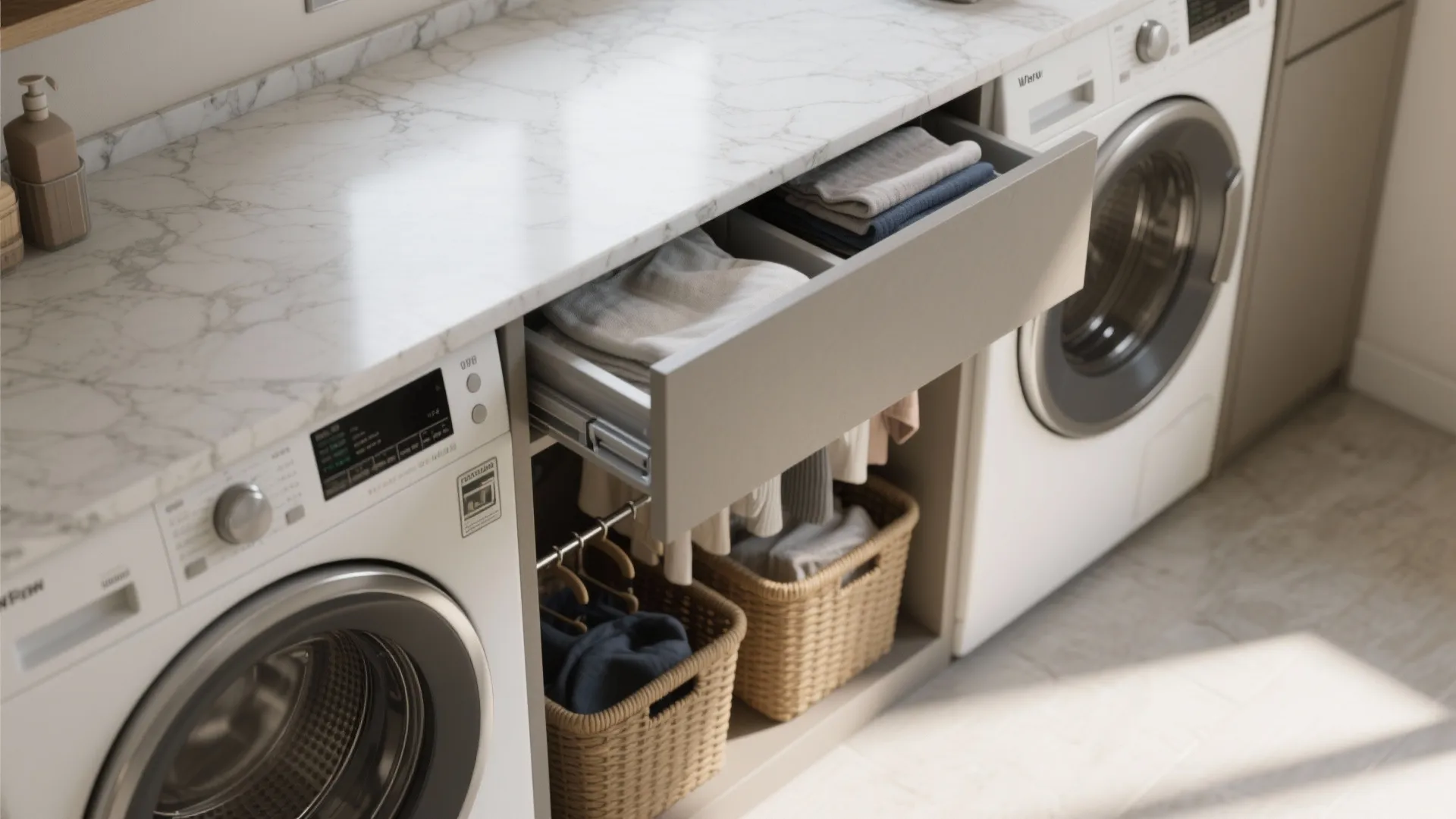 2. Create a sleek folding counter that hides baskets