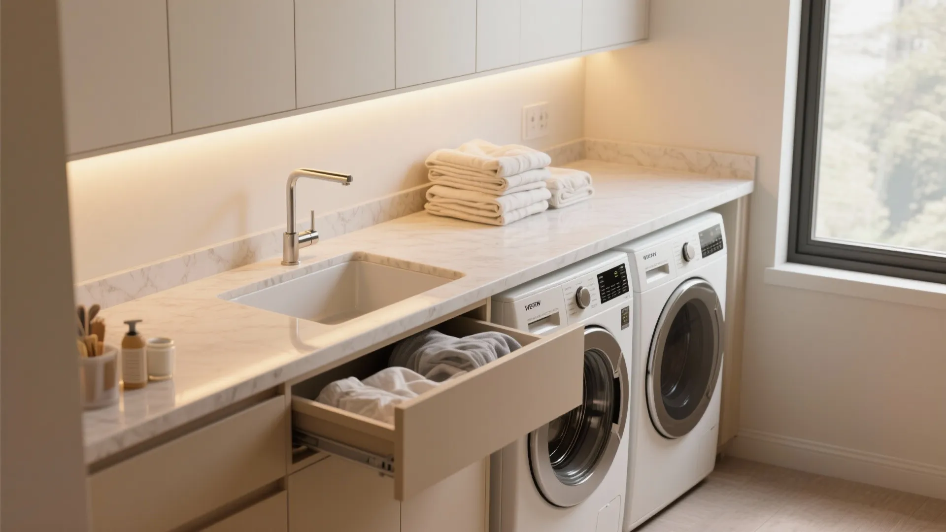 2. Folding countertop that doubles as a utility sink zone
