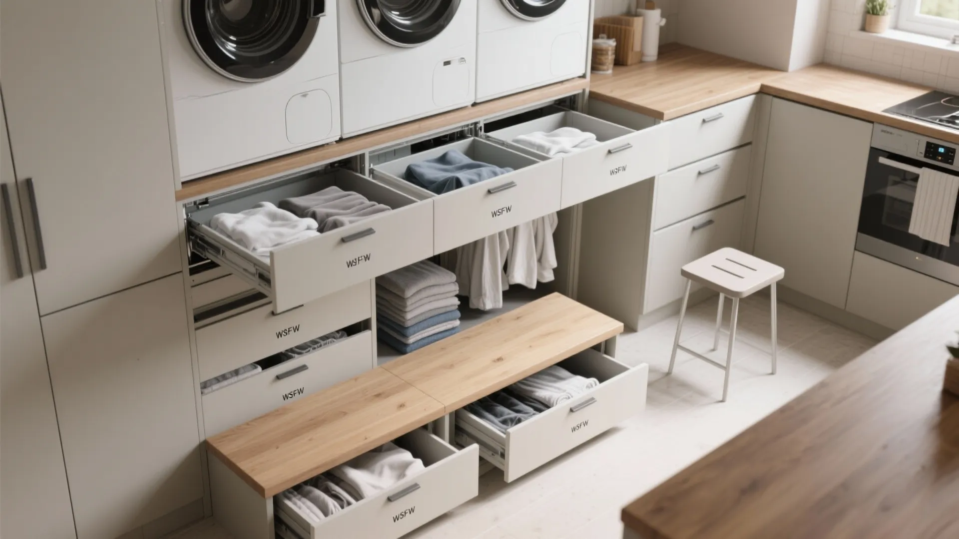 Modern laundry room layout with multiple storage drawers wooden folding counter and white washing machines
