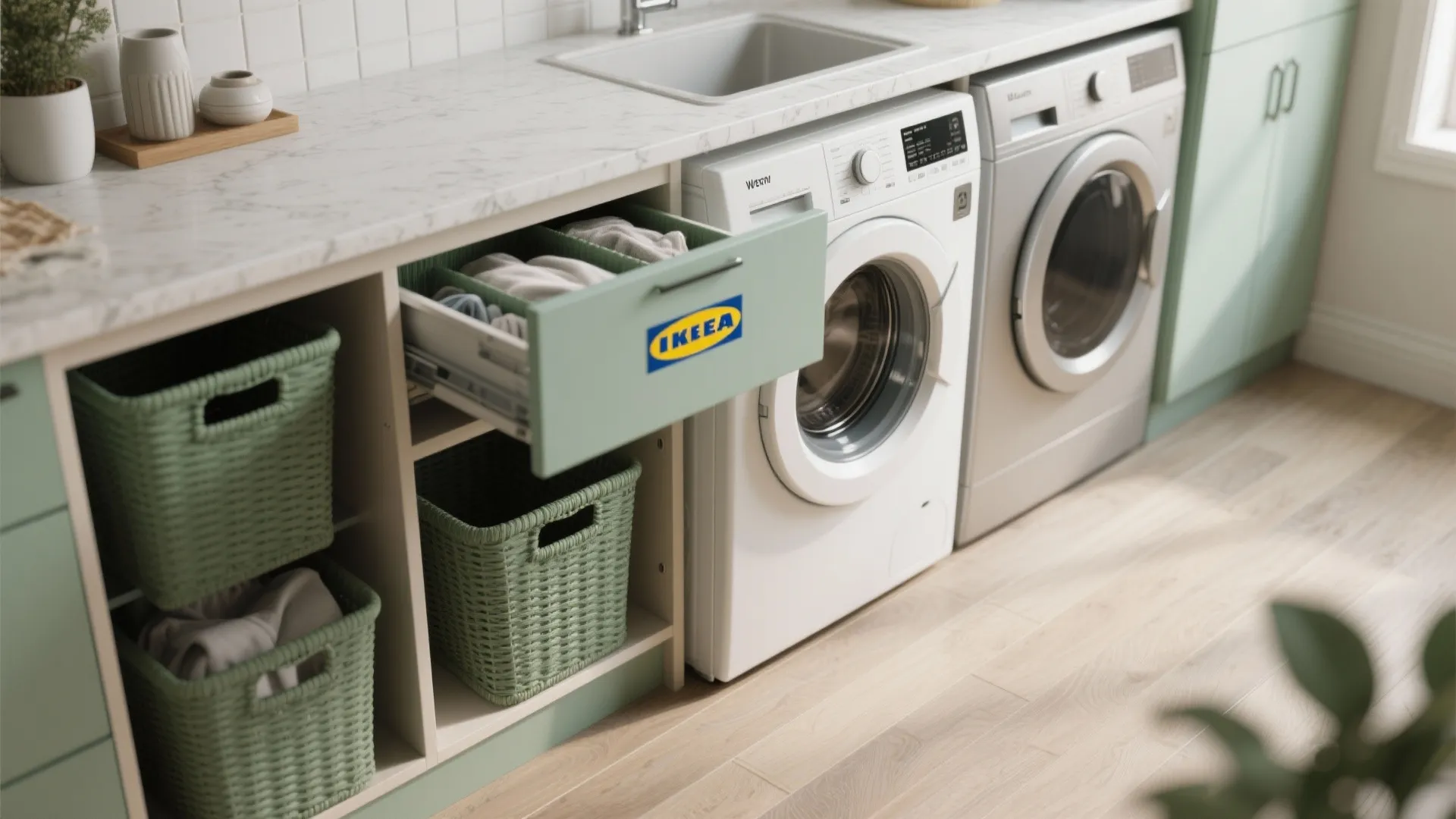 2. Combine folding with a countertop and hidden hampers