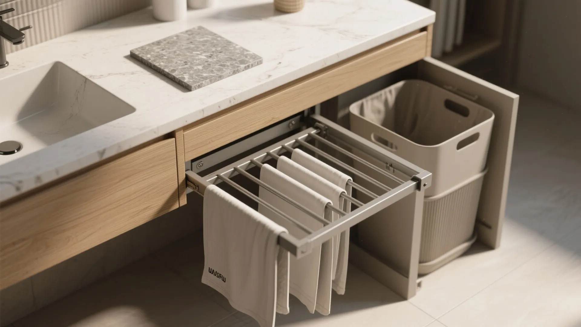 Bathroom cabinet with a pull out towel rack and a laundry basket underneath the counter
