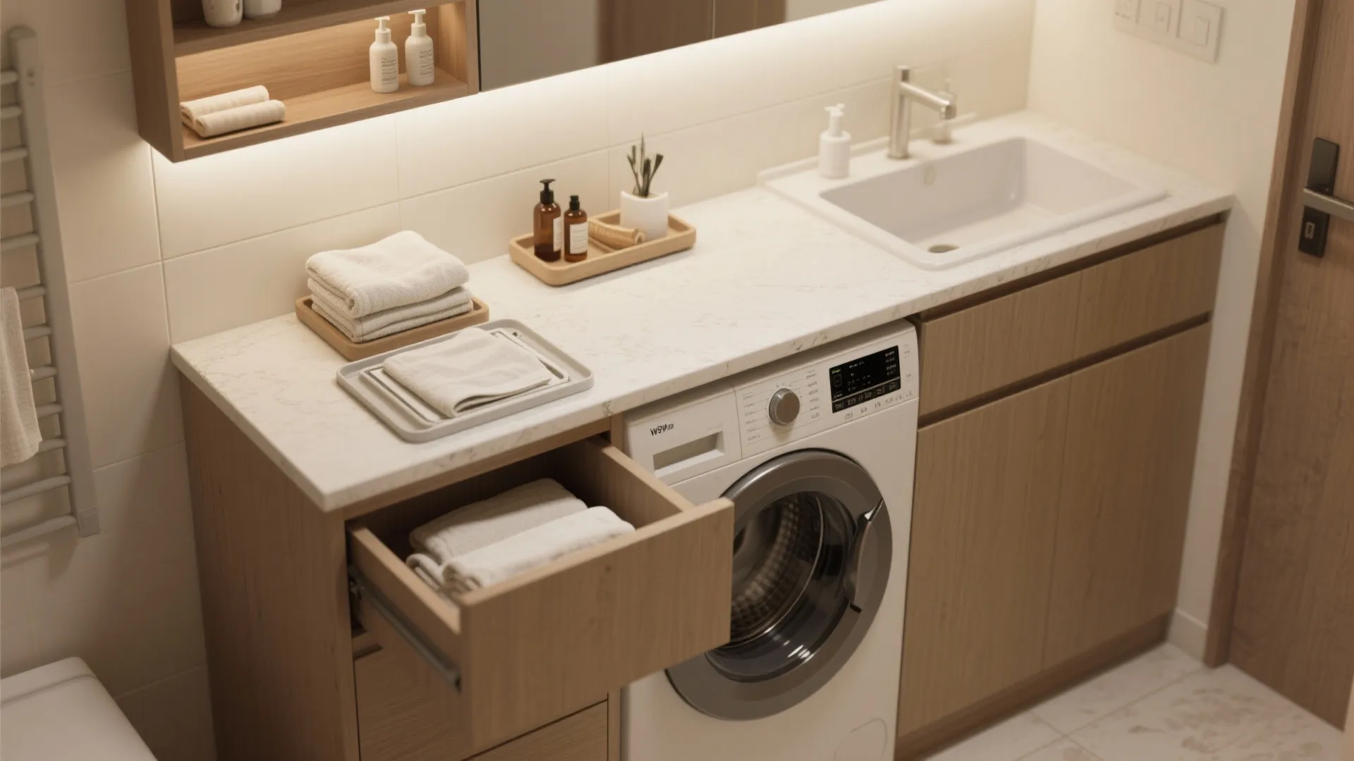 Modern laundry area with washing machine under marble counter and open drawer holding white folded towels
