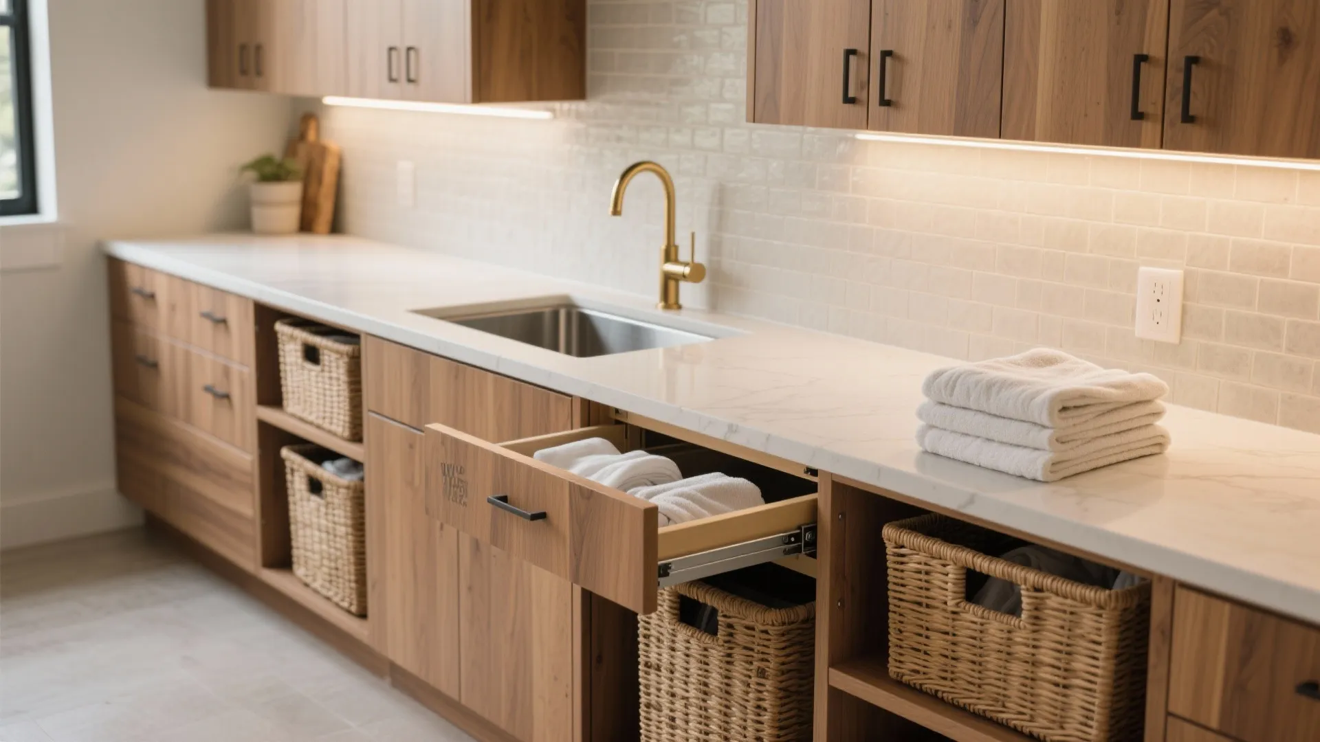 2. Fold-and-store counters with integrated hampers