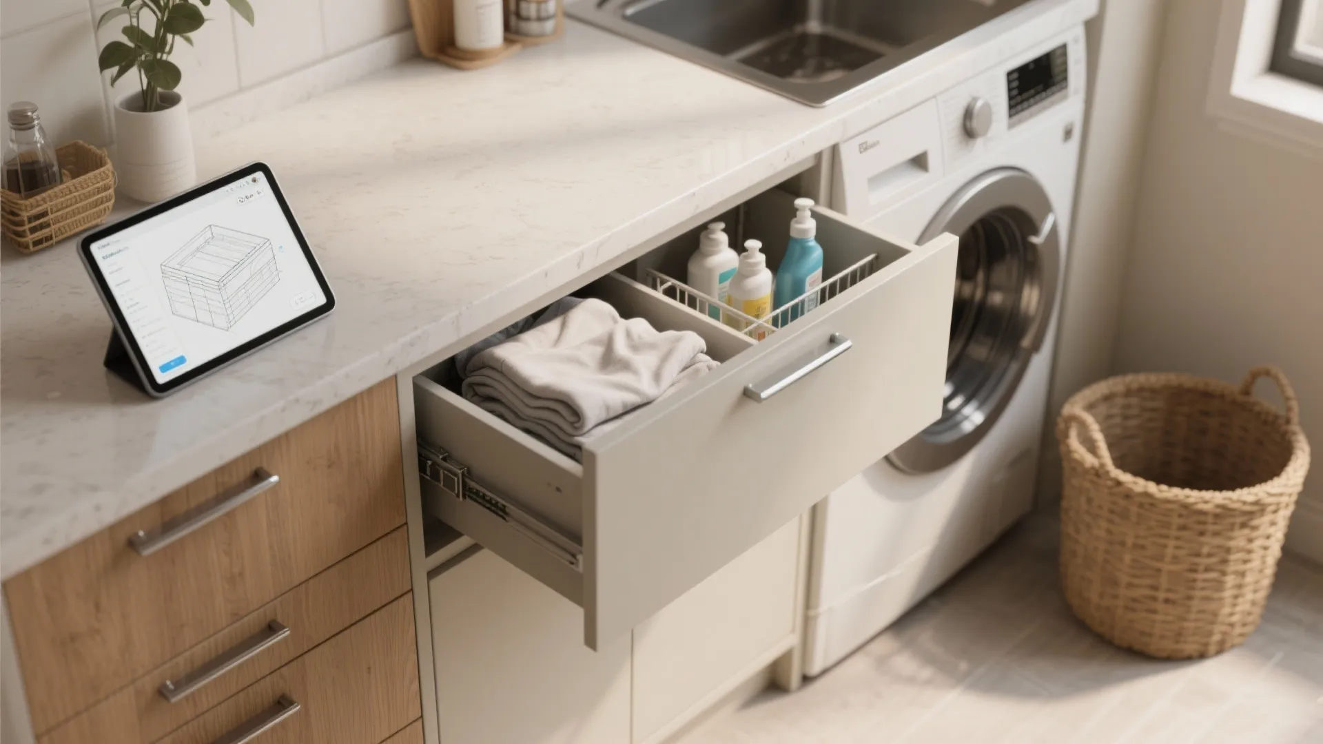 3. Built-In Folding Counter with Hidden Hampers