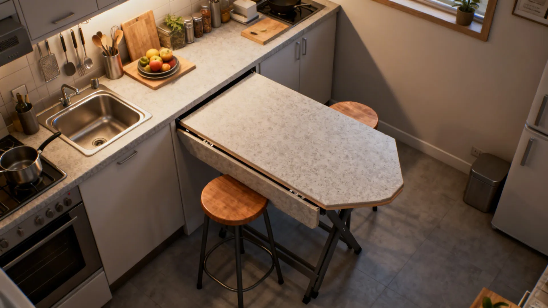 Top-down view of a drop-leaf counter used as prep surface and dining area in a small kitchen.