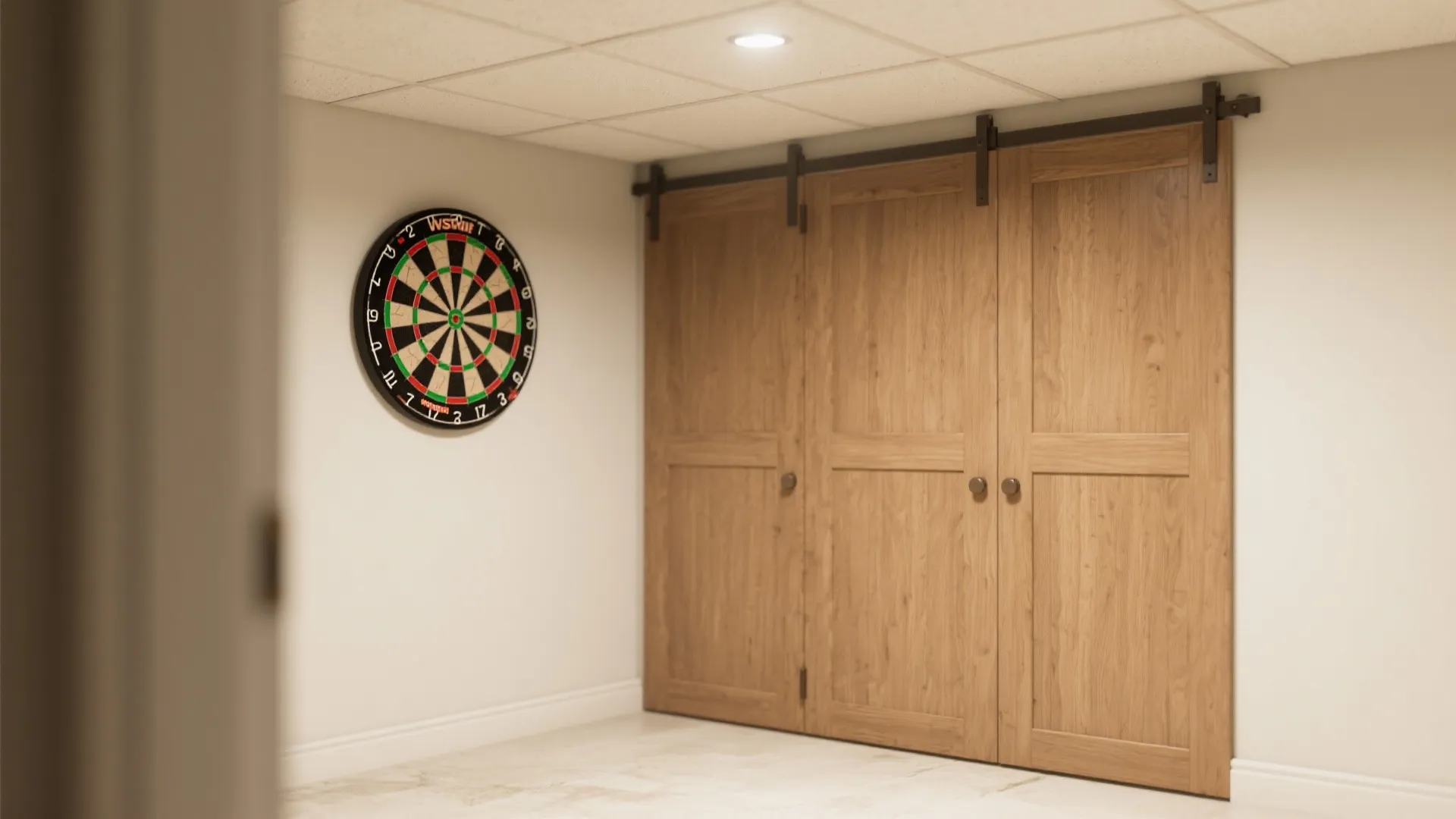 Dartboard on white wall next to wooden sliding door with ceiling light in bright room