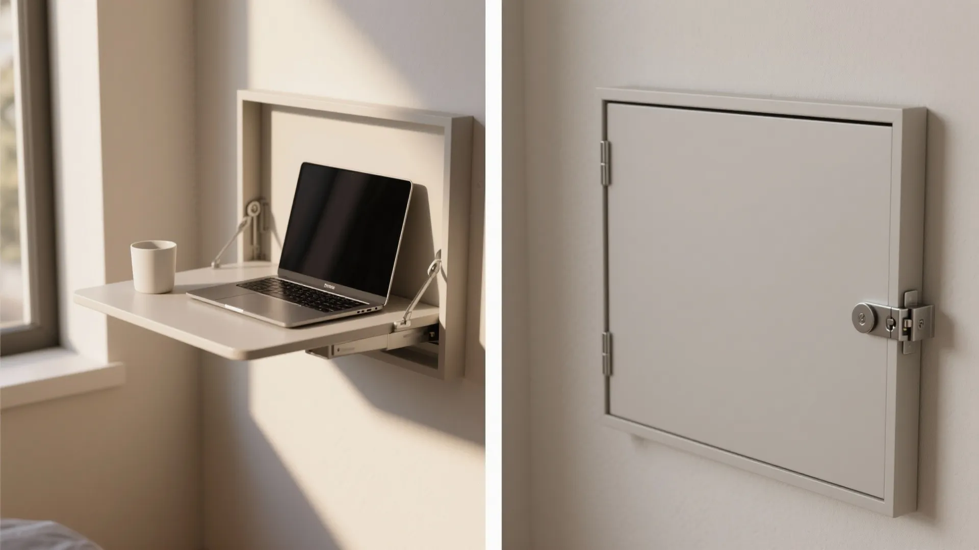 Before and after comparison of a wall mounted folding desk open with laptop and closed
