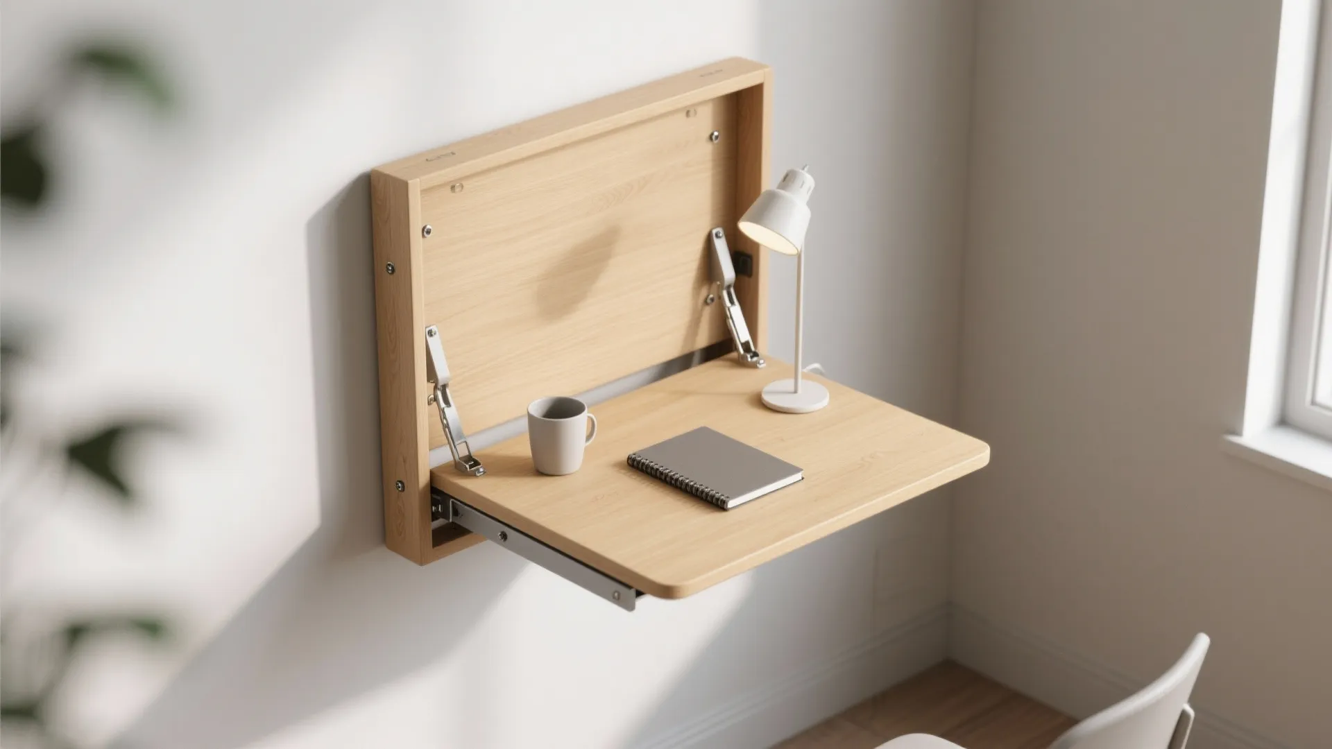 Wall mounted folding wooden desk with small white desk lamp mug and notebook for workspace