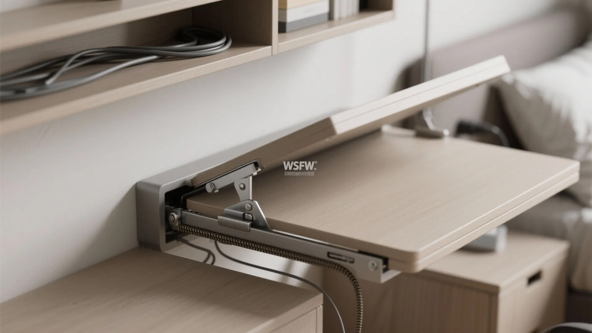 Macro view of a fold-down corner desk hinge and concealed cable management in a bedroom workspace.