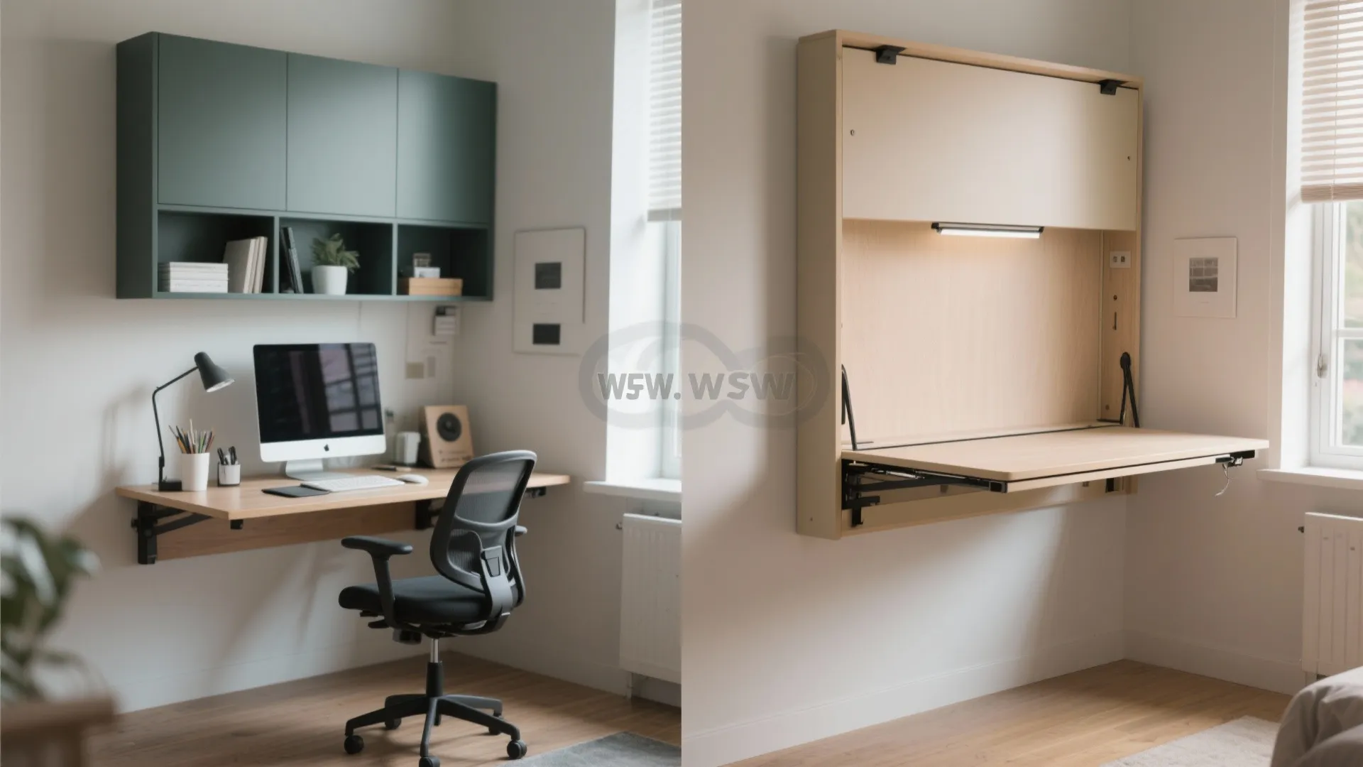 Comparison showing a functional home office desk versus a space saving wall mounted folding desk design