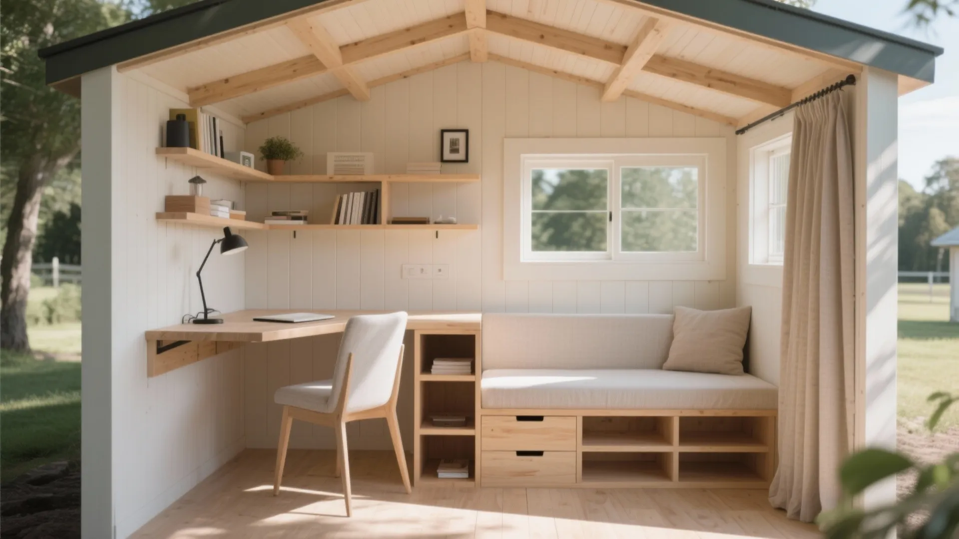 Bright shed interior with wooden desk chair small sofa wall shelves window and natural light