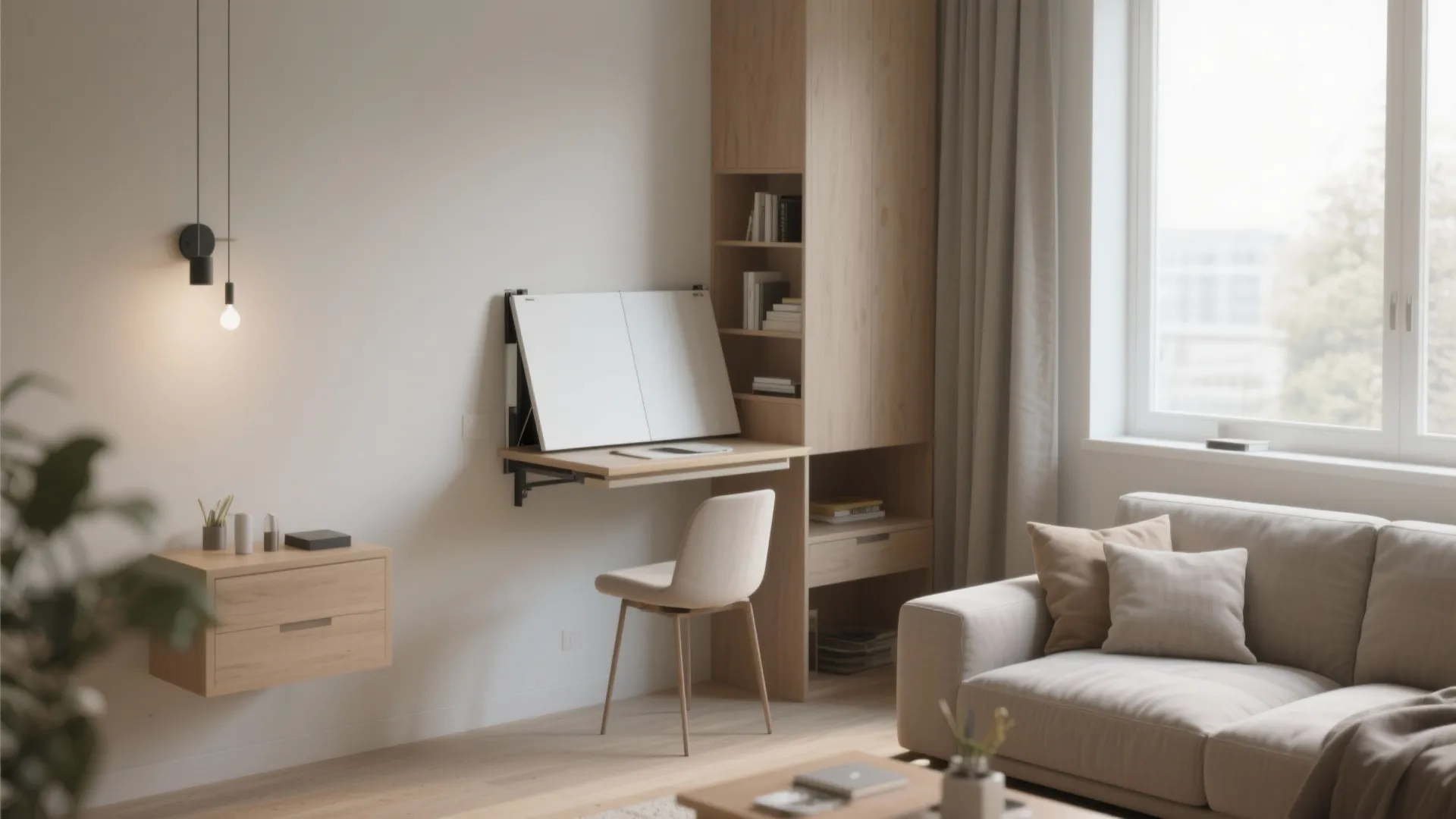 Small living room workspace with a folding wall desk next to a tall wooden cabinet