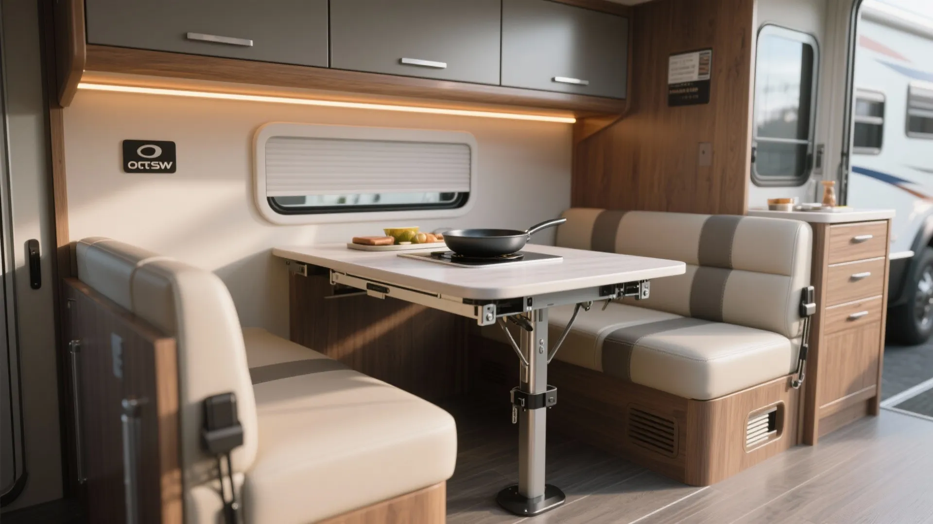 Adjustable caravan dining table with frying pan between two beige seats under wooden cabinets and window