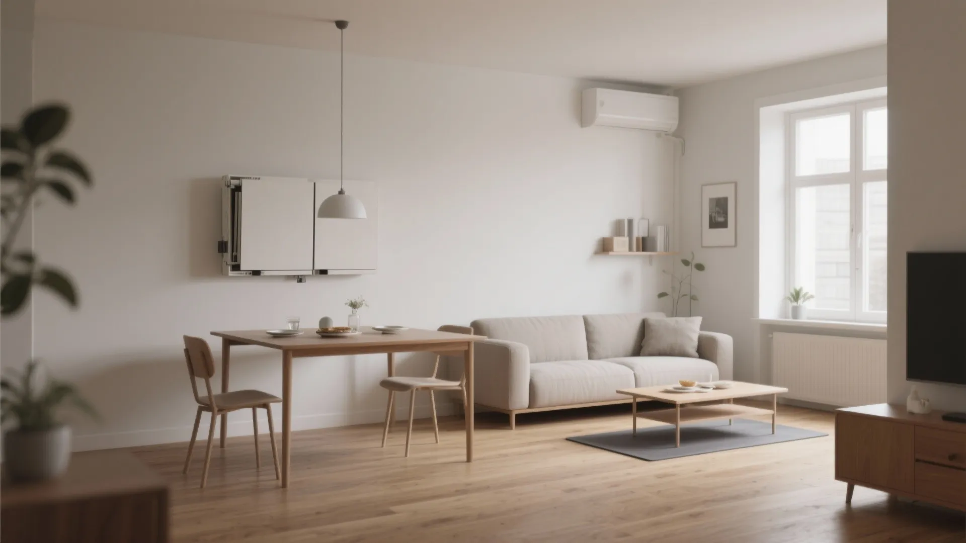Wall-mounted folding dining table in a minimalist small living room