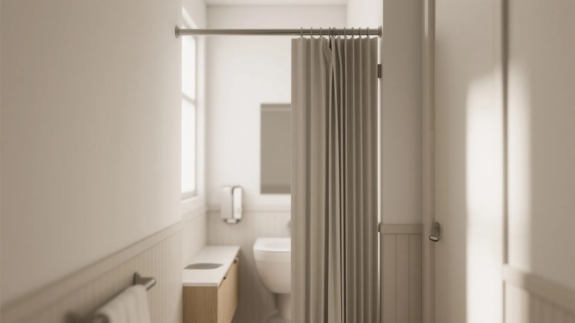 Small beige bathroom interior featuring a grey curtain, white sink cabinet, and a white toilet