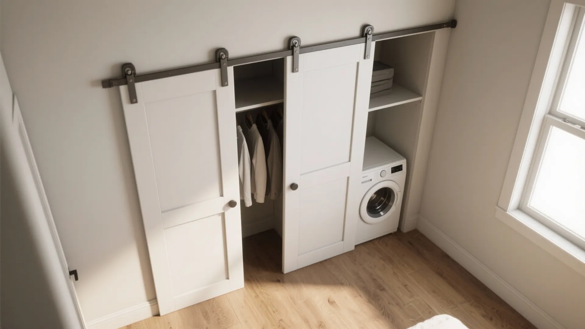 White sliding closet doors in a laundry room covering a washing machine and hanging clothes