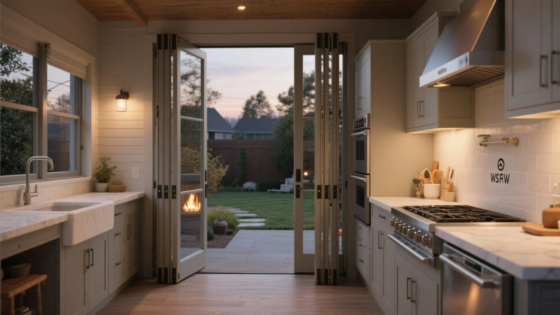 Kitchen with large folding glass doors leading to a backyard garden with a small fire
