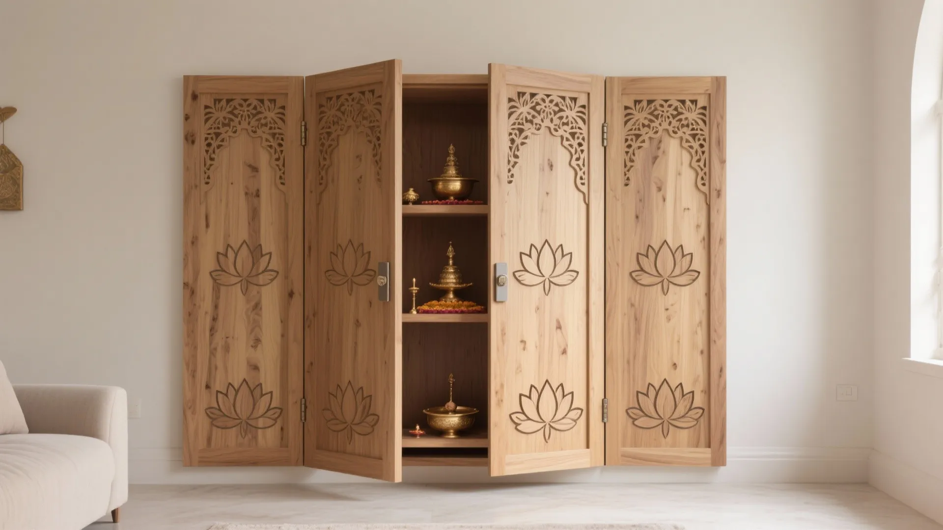 Wooden cabinet with folding doors featuring lotus flower carvings and gold bowls on inner shelves