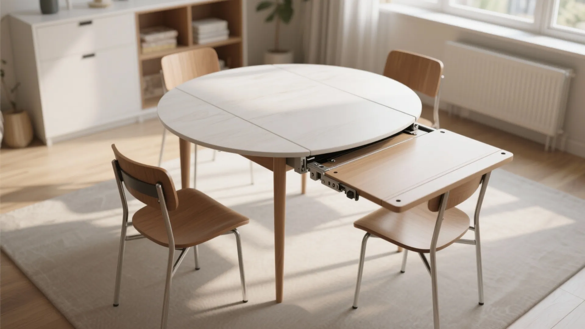 Extendable white round dining table with folding wood panel and four chairs in modern room