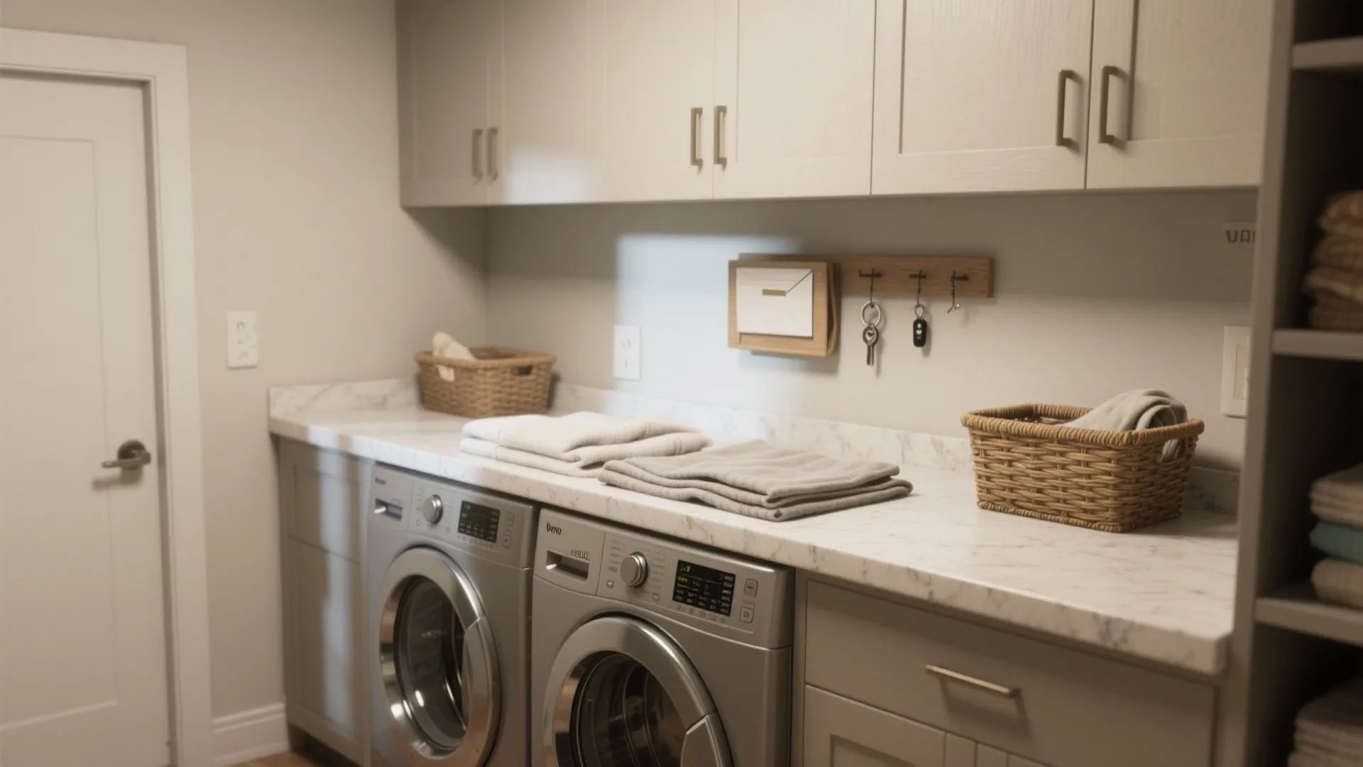 Modern laundry room with washer dryer marble countertop white cabinets woven baskets and folded towels