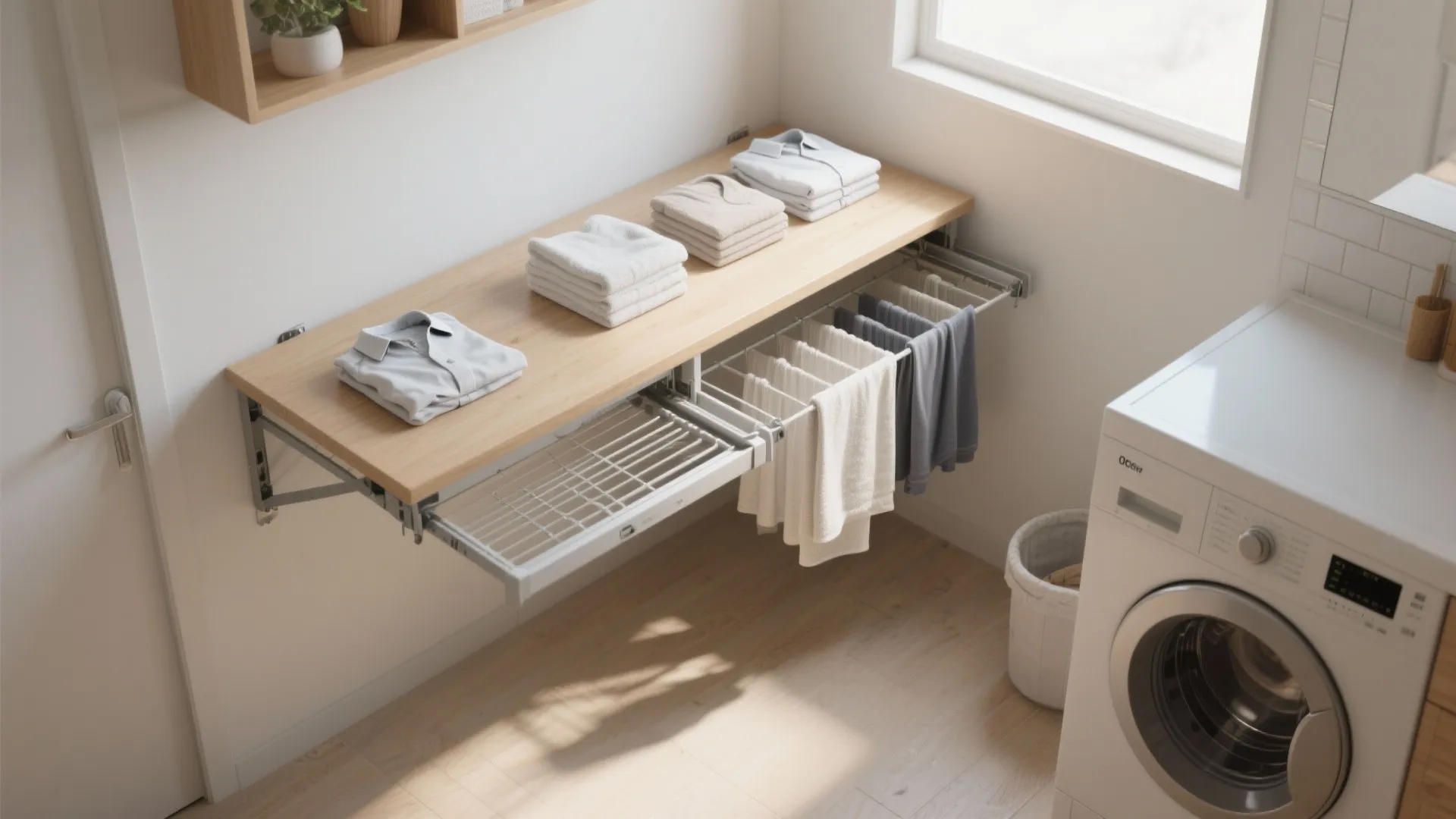 Top-down view of wall-mounted fold-down table and retractable drying rack in a small laundry nook