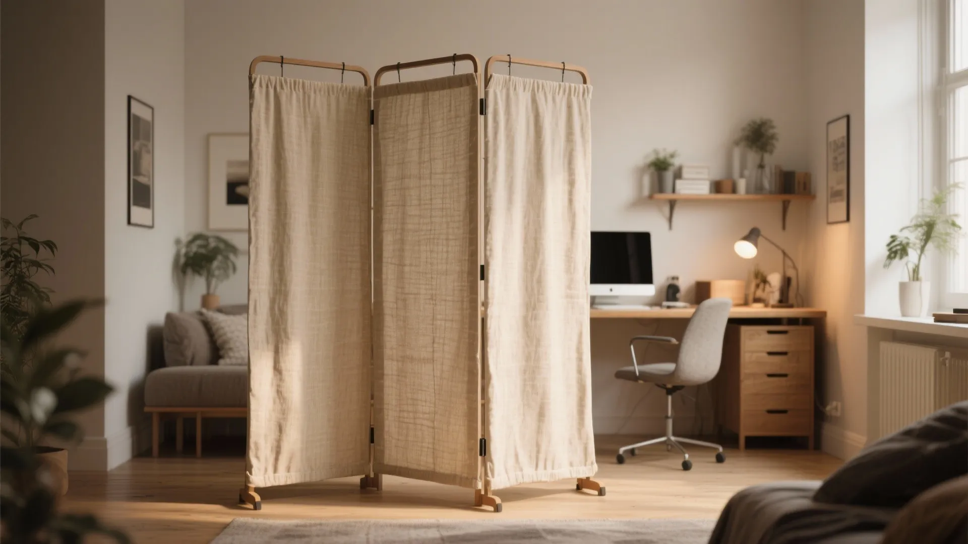 Folding fabric room divider screen standing in a home office with desk chair and sofa background