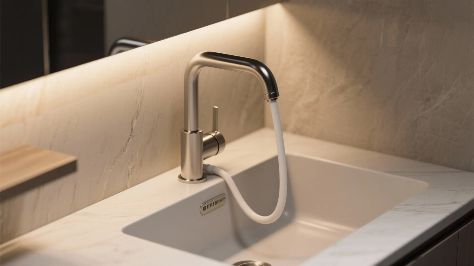 Modern metal faucet with a flexible white pull out hose installed over a bathroom sink