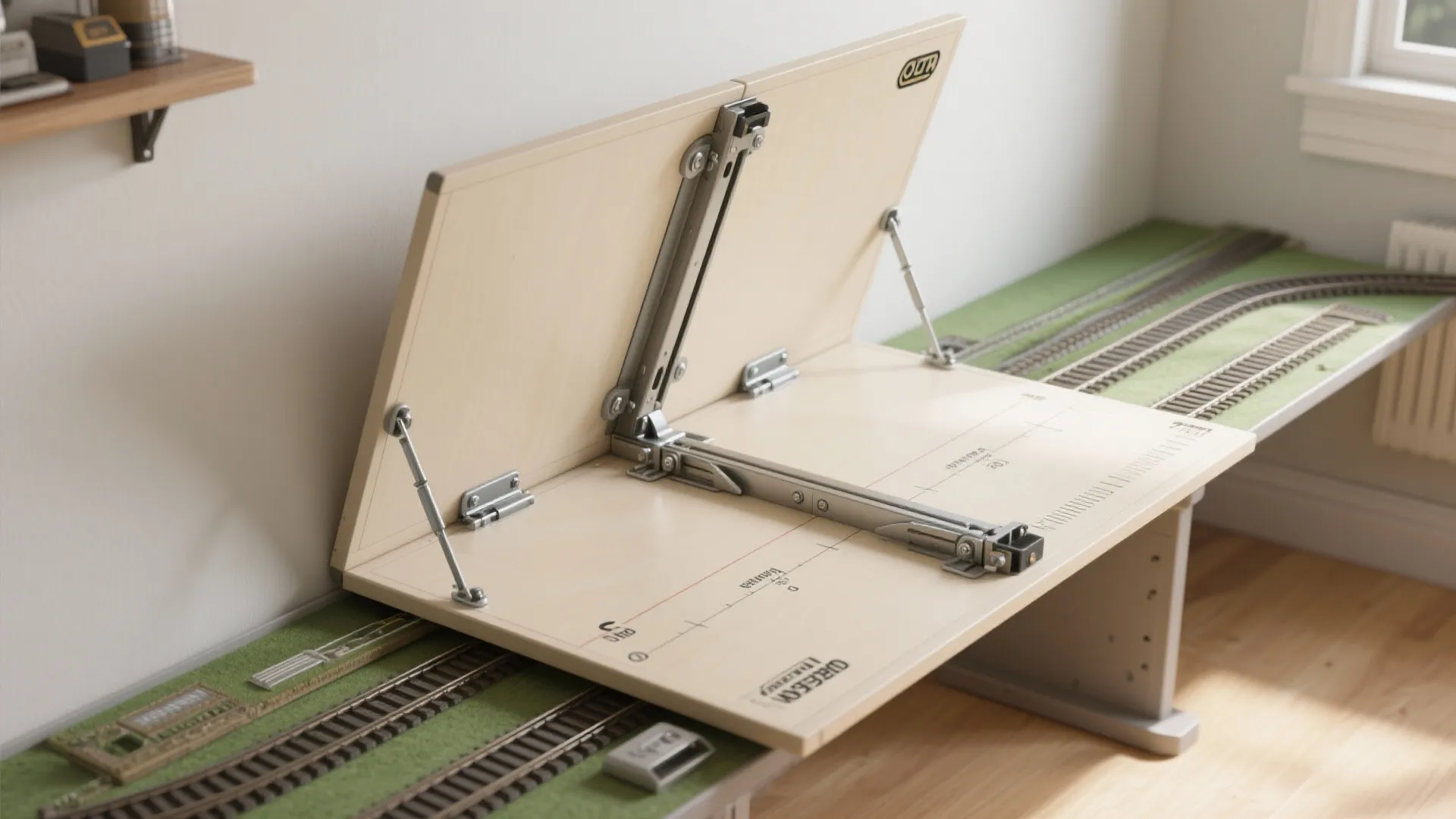 Folding wooden table with metal hinges used as a workspace for model train track layout