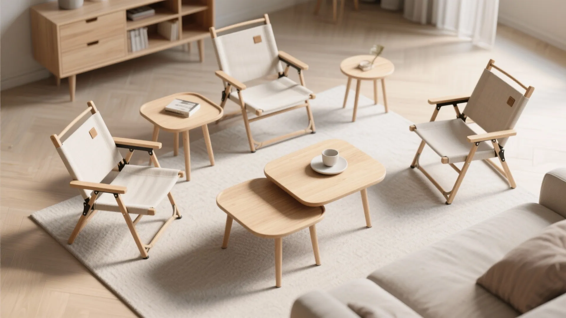 Modern living room featuring folding wooden chairs small round coffee tables and grey sofa arrangement