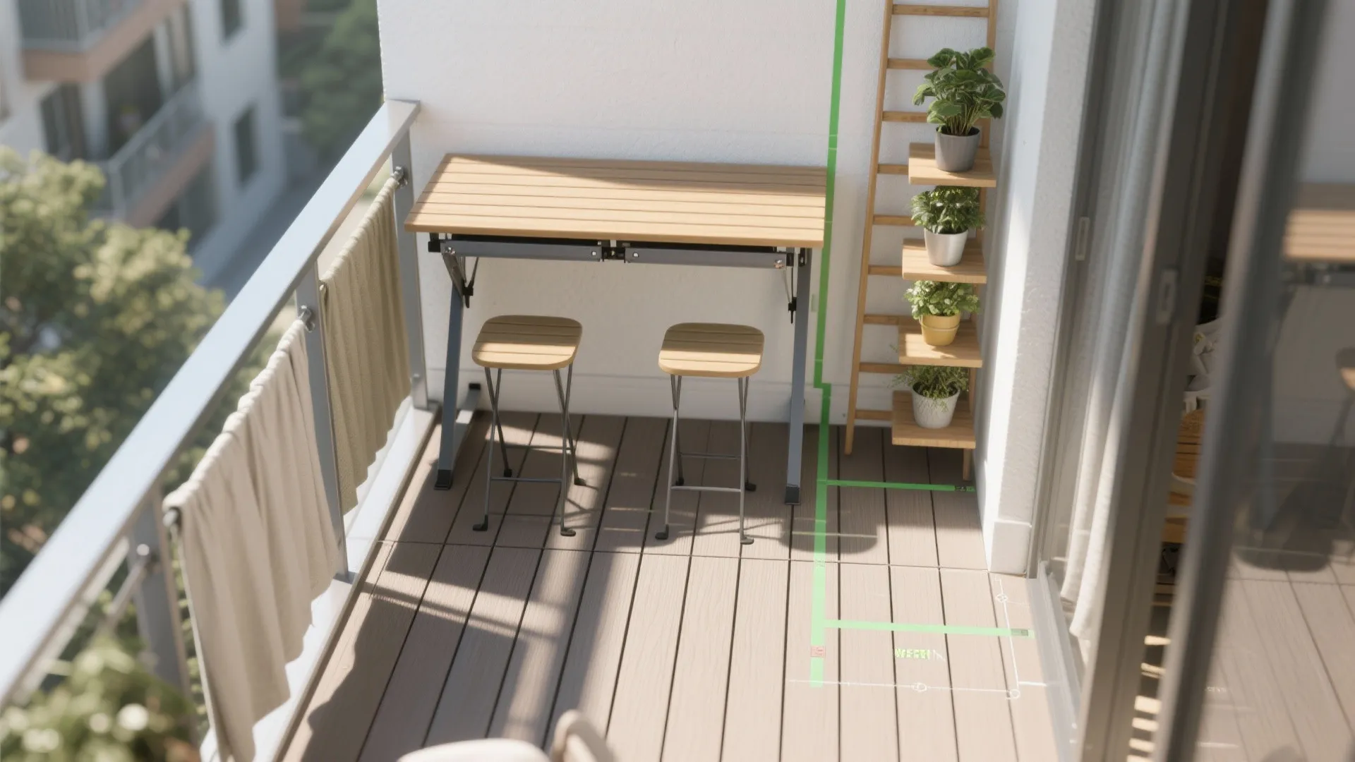 Multi-purpose furniture: fold-down tables, stacking stools, wall shelves