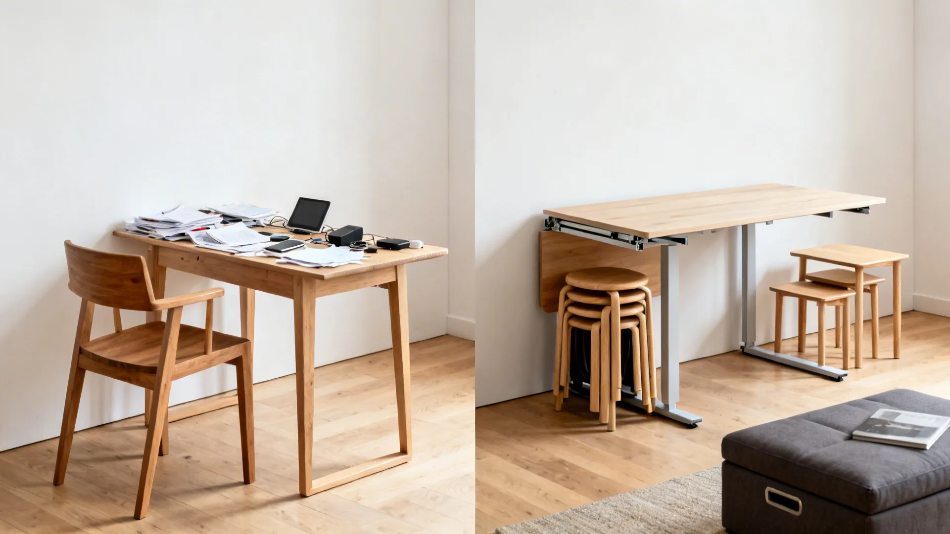 Before-after of a small studio wall, upgraded to fold-down desk and stackable seating.