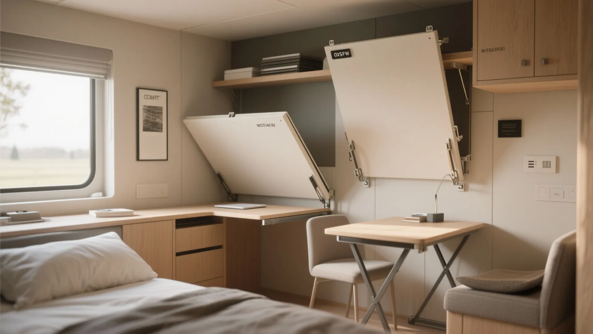 Small room with folding desk and collapsible dining table