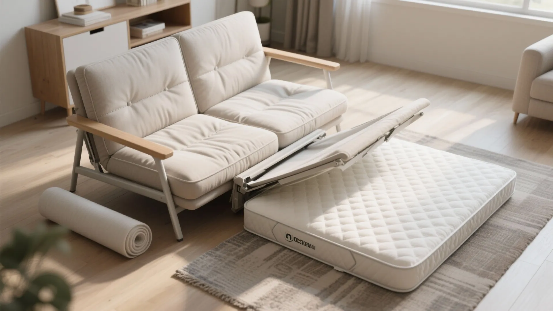 Cream colored sofa bed being pulled out into a mattress on a grey patterned area rug