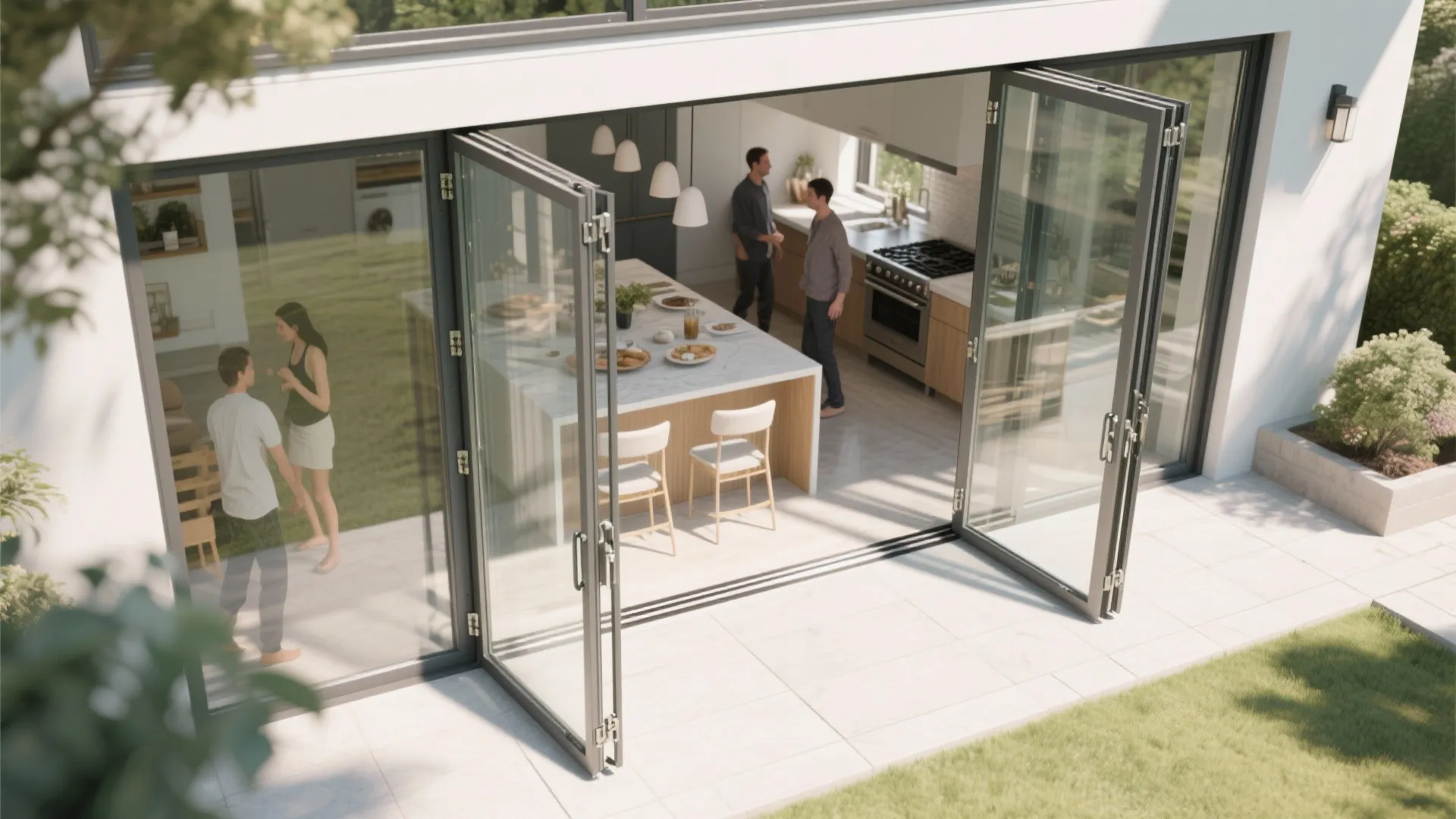 Folding glass doors open wide to merge a kitchen and patio, showing hardware and abundant daylight.