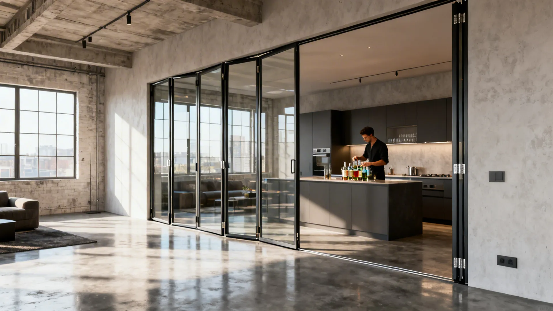 Loft interior with folding glass panels fully opened between kitchen and living room.