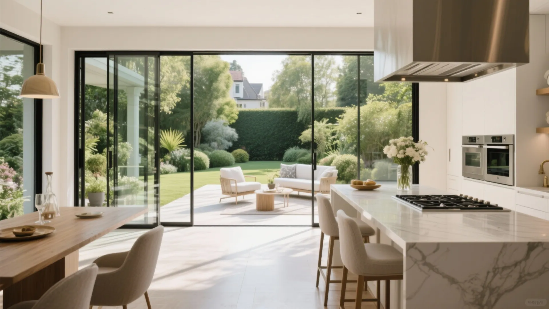 Modern kitchen with marble island and large glass doors opening to a green garden terrace