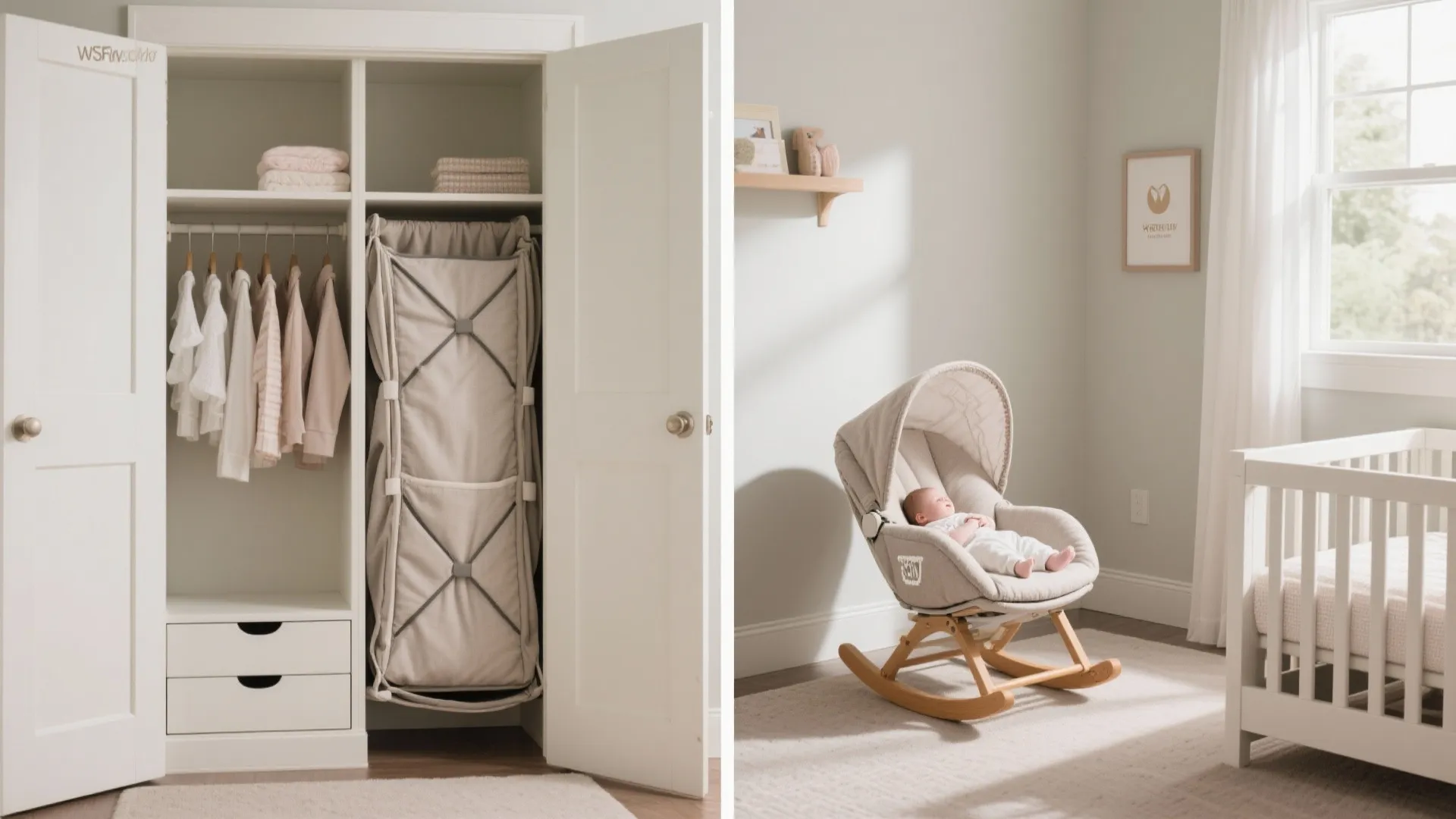 Split image of a folding glider stowed in a closet and unfolded in a small nursery, showing space-saving before and after.