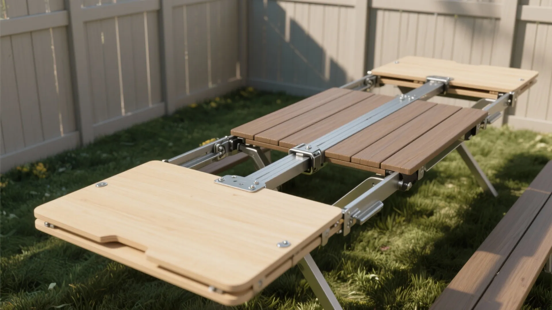 Folding harvest table showing drop-leaf folded against fence and extended, with hinges and cross brace details.