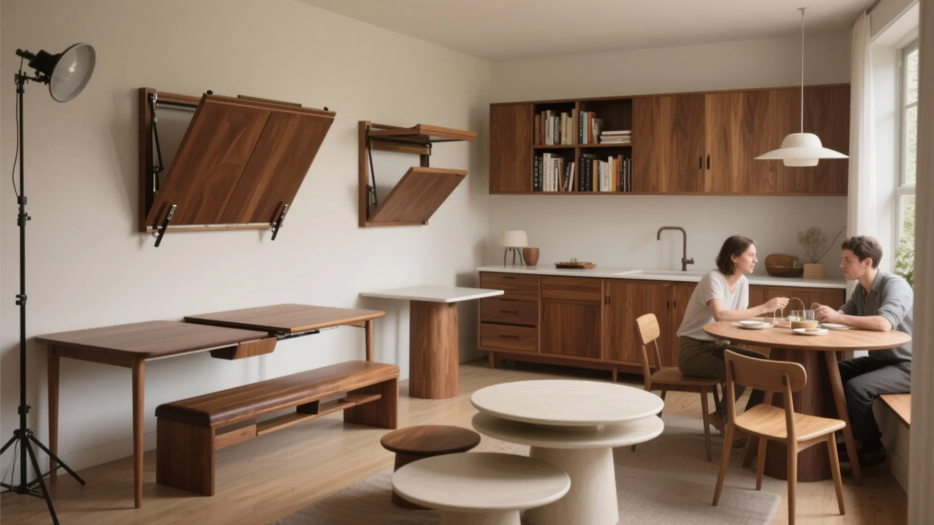 Couple sitting at a round wooden table in a room featuring multiple space saving folding furniture