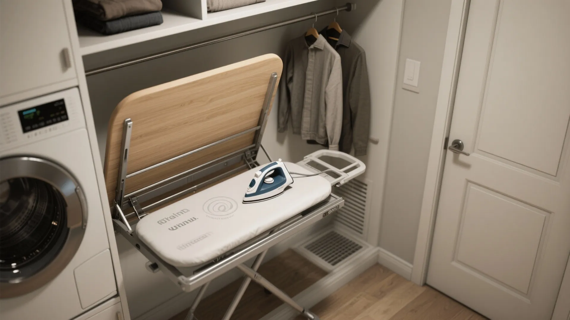 3. Fold-down ironing board with integrated rack