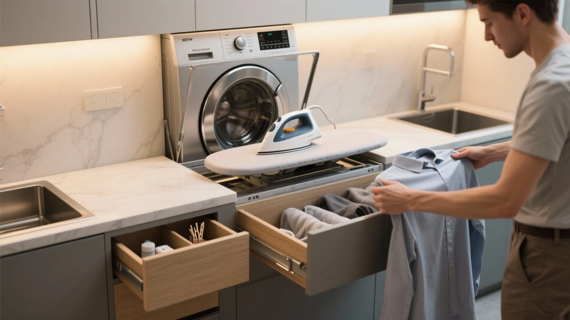 5. Multi-use folding station with hidden ironing board