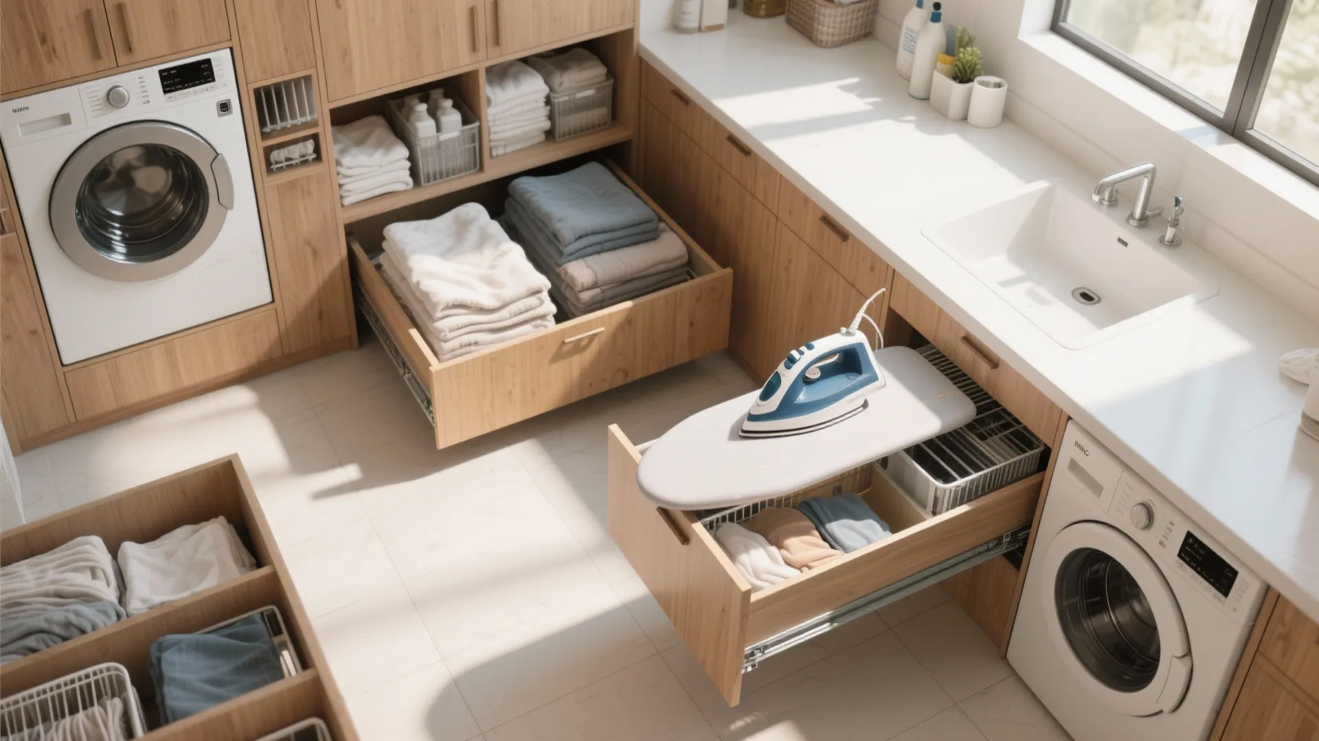 Laundry room storage with wooden drawers folded towels washing machine and pull out ironing board