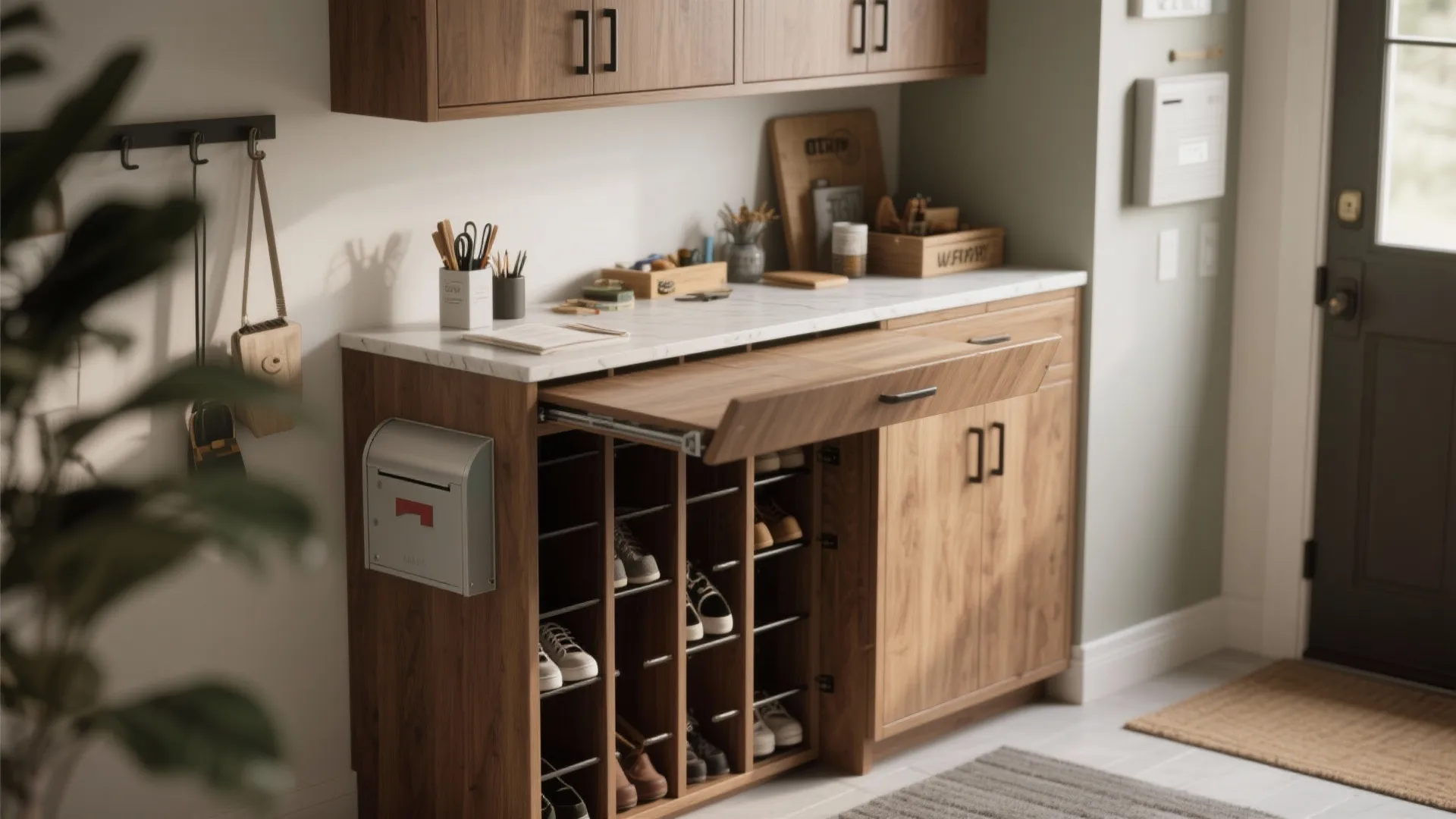 Wooden entryway cabinet with a marble top featuring a pull-out shelf and integrated shoe storage