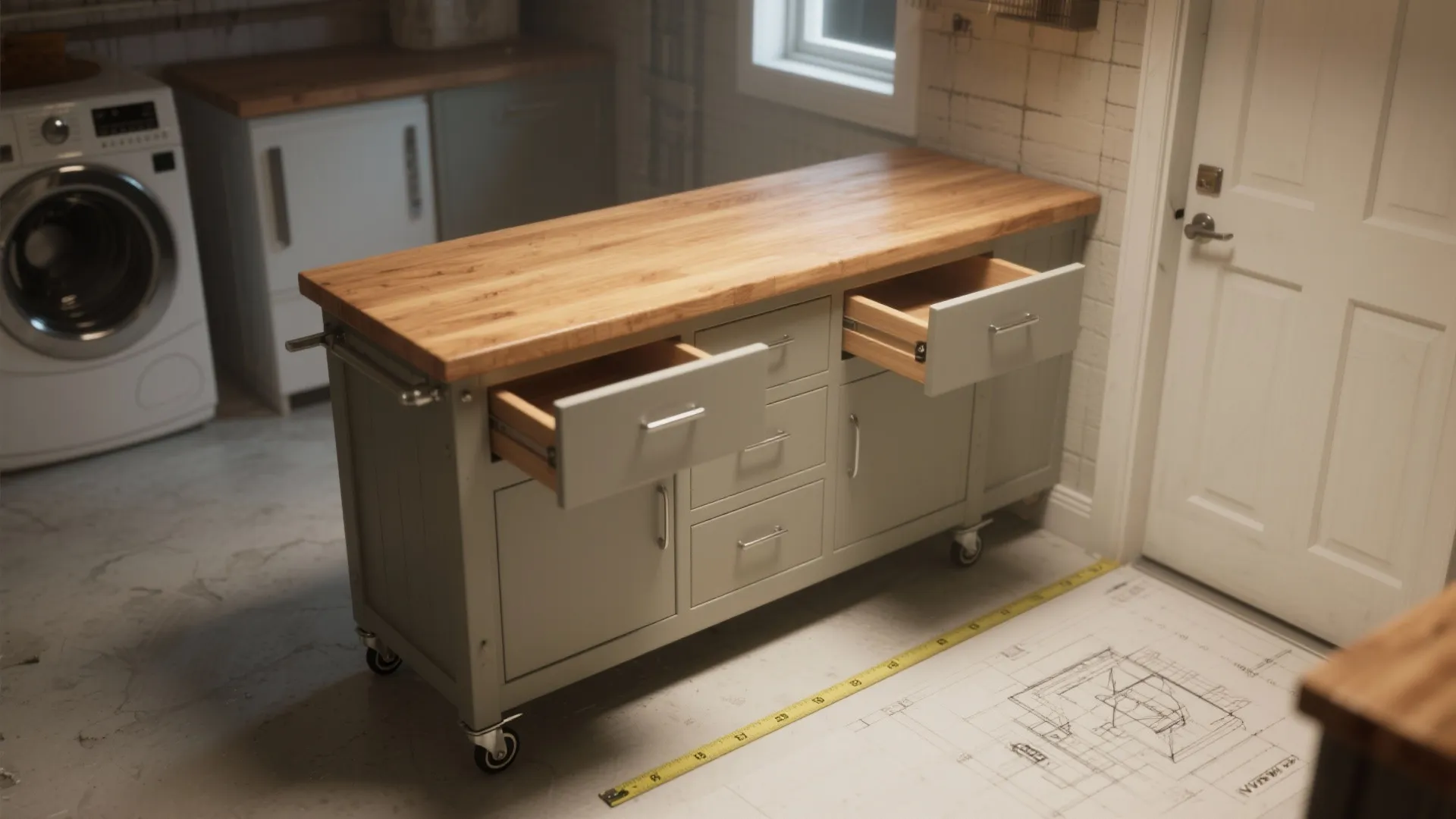 3. Add a dedicated folding island that doubles as storage