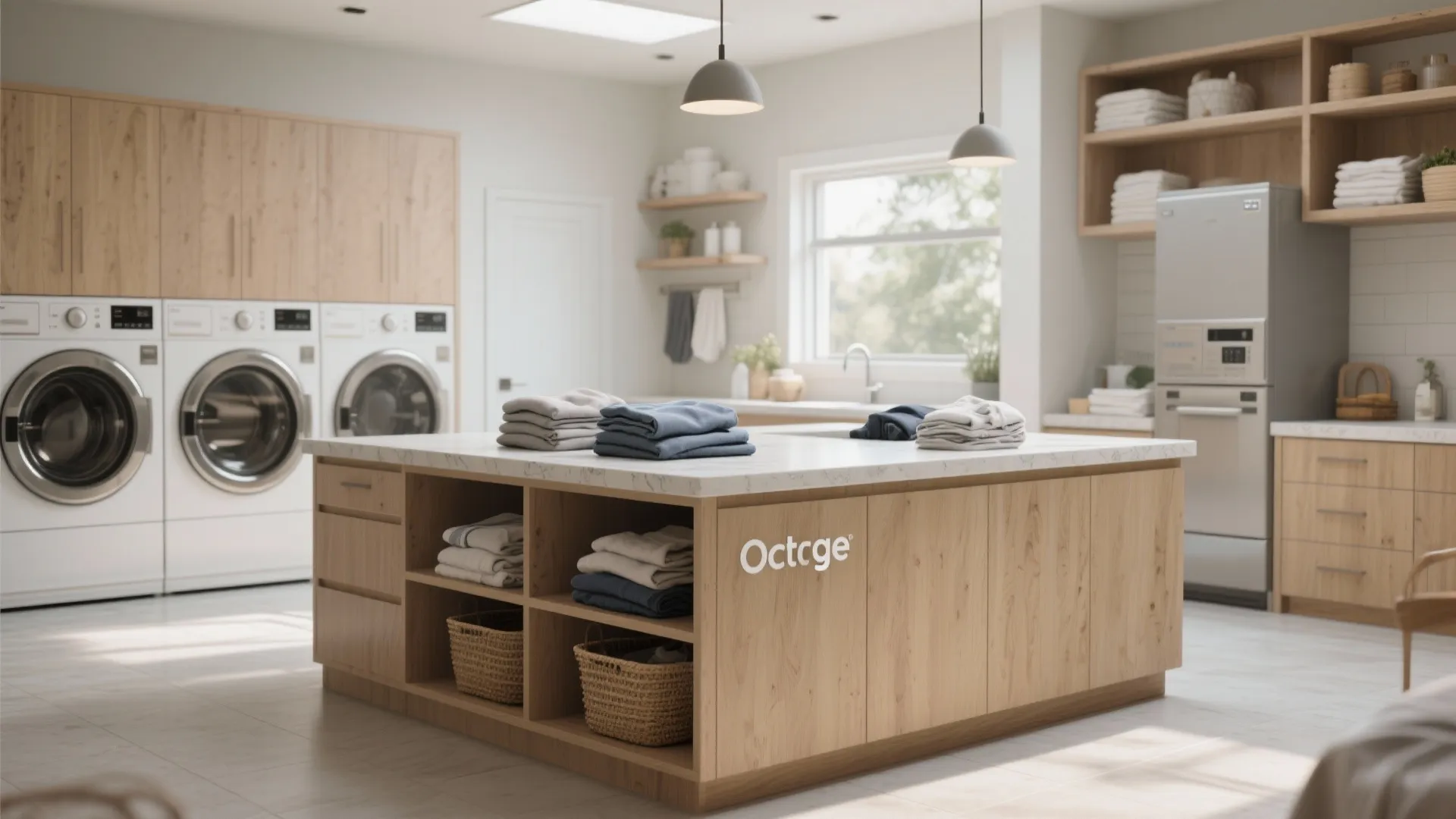 Large laundry room featuring a wood island with folded clothes and built in wall storage