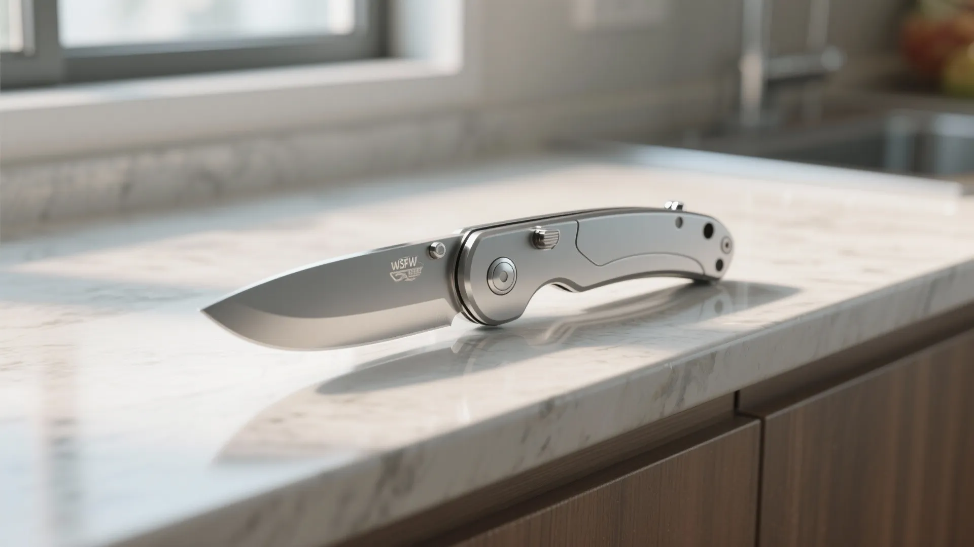 Food-safe folding knife opened on a narrow countertop, showing blade and hygienic handle