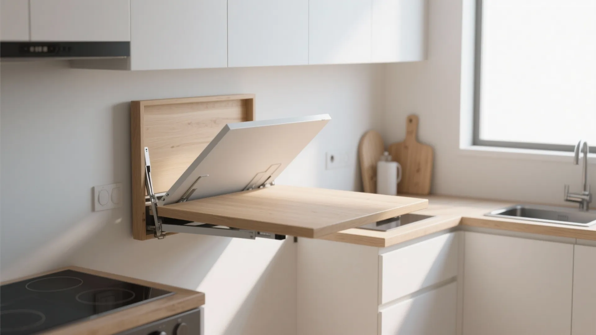 Space saving wall mounted folding wooden table in small kitchen with white cabinets and sink area