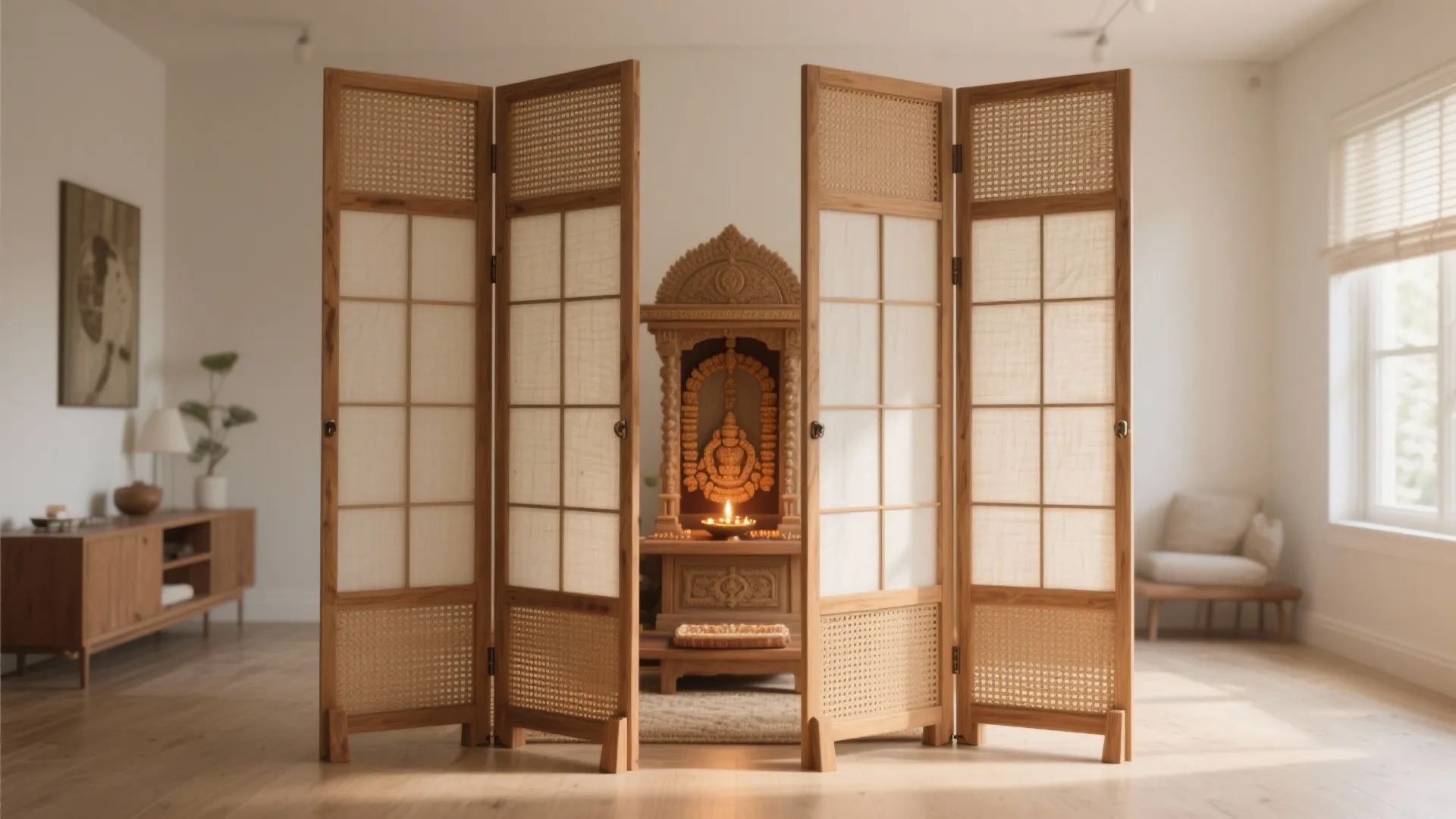 Freestanding folding lattice screens create an instant sanctuary around a small mandir in a multi-use room.