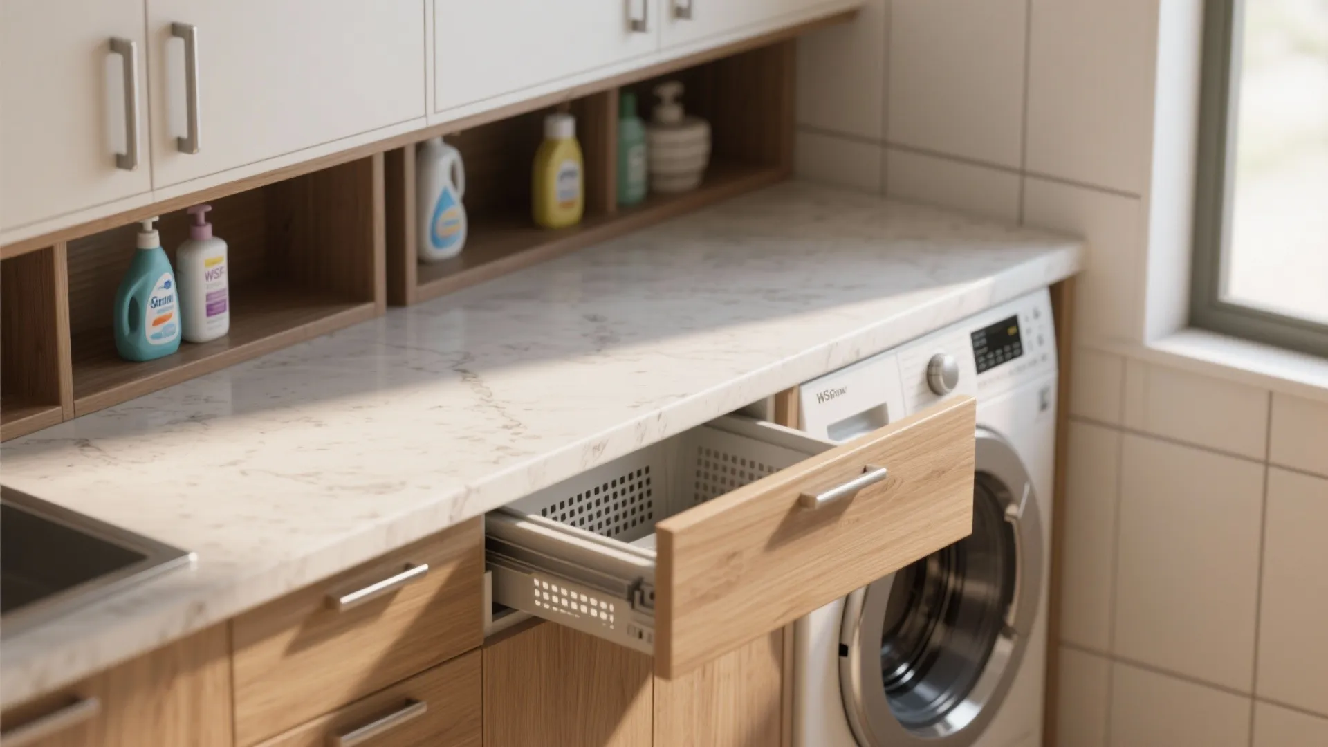 3. Folding ledge + hidden hamper combo